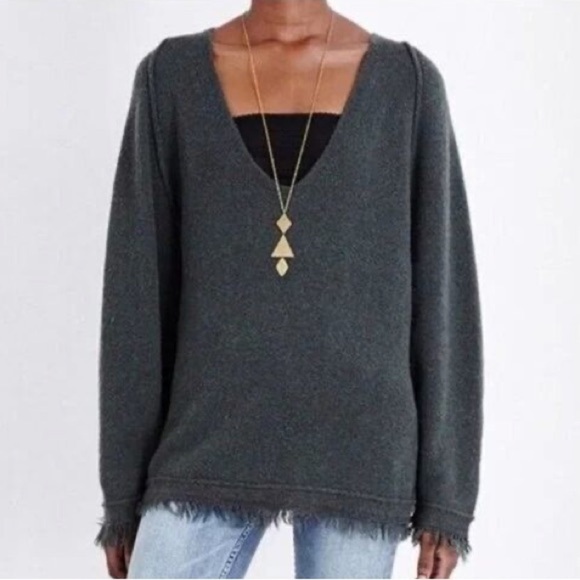 Free People Irresistible Wool Linen V-Neck Frayed Long Sleeve Sweater Green - Picture 1 of 9